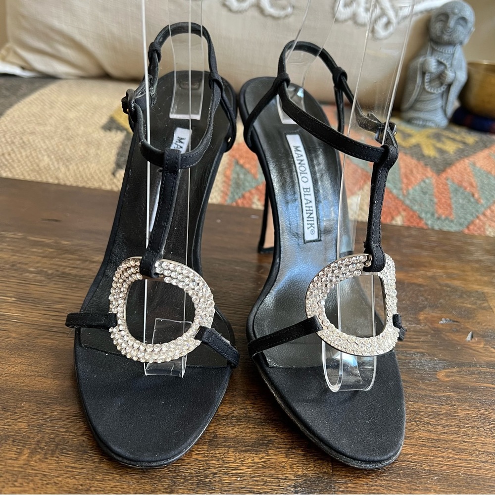 Manolo Blahnik Display Floor Models Cystal Embellished T-Strap Black Heels 36